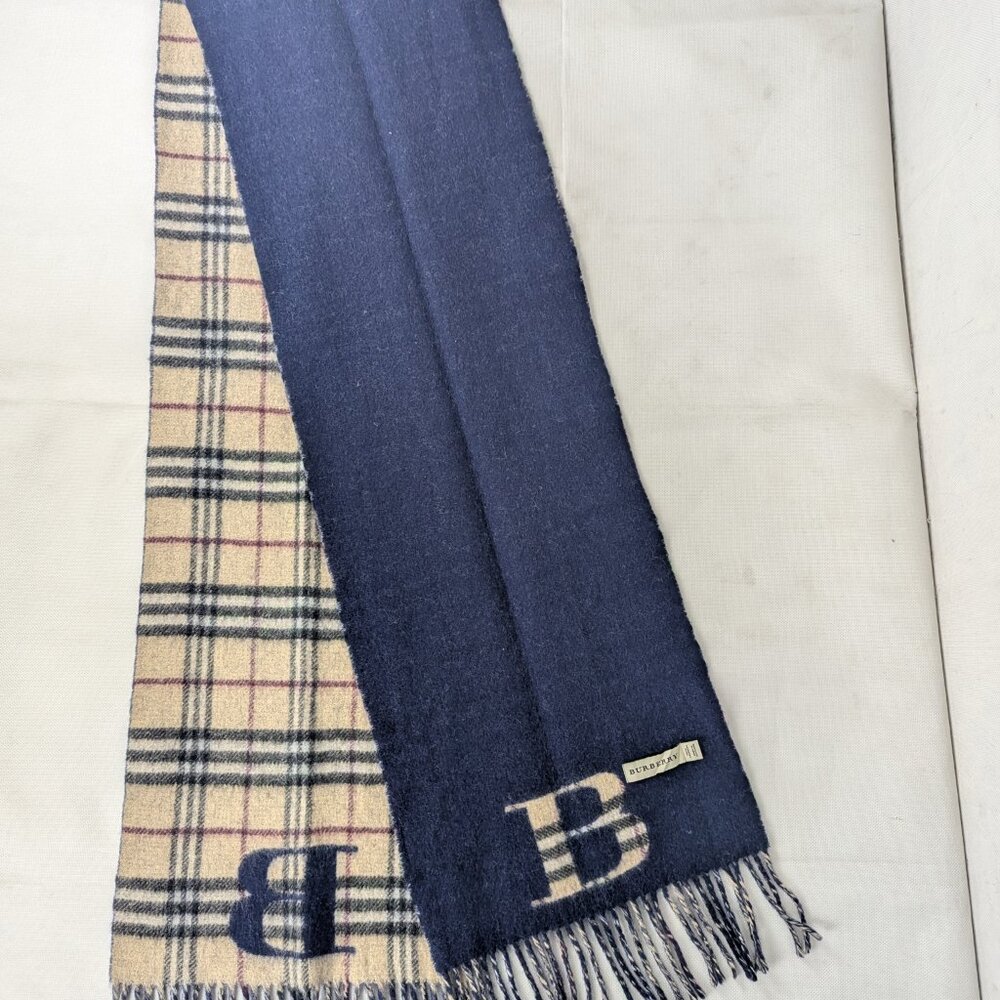 Burberry Double Side Classic Nova Check/Solid 100% Cashmere Blue/Beige Scarf